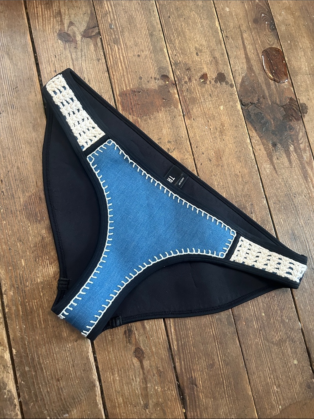 triangl swimwear Black 100% Neoprene Bikini Bottoms with faux denim crochet trim